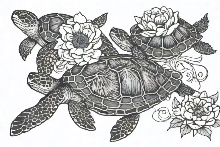 Two Sea Turtles Swimming Around Eachother One With A Peony Shell And One With A Sunflower Shell