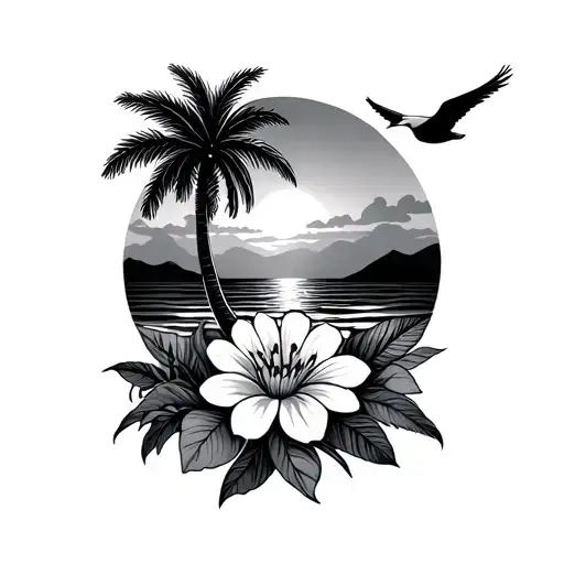 Palm Tree Sea Gulls Flowers And Sunset With Sand Dunes