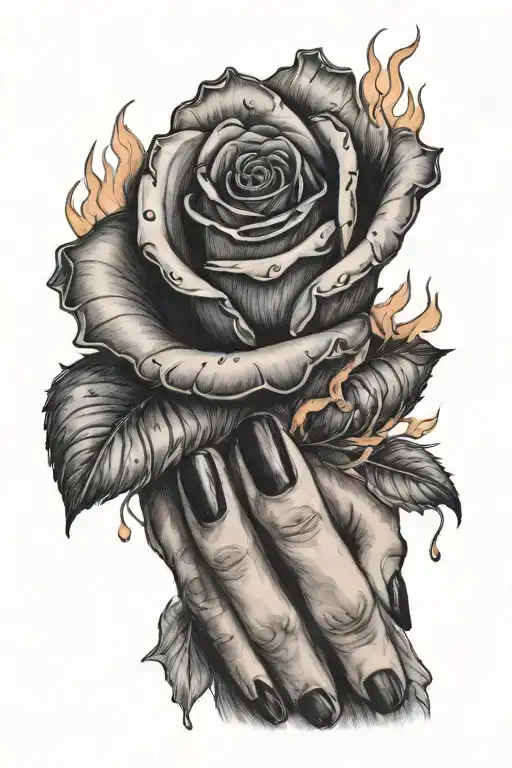 Women Hand With Black Nails Holding A Rose On Fire