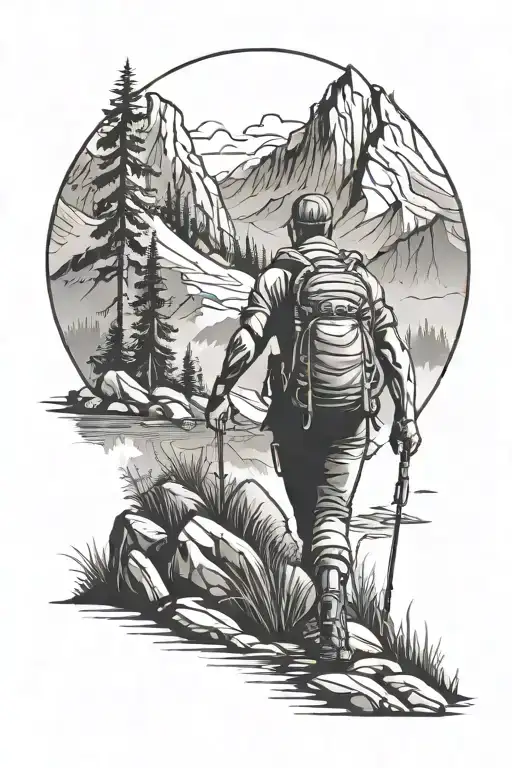 Nature Scene With Hiker Trekking