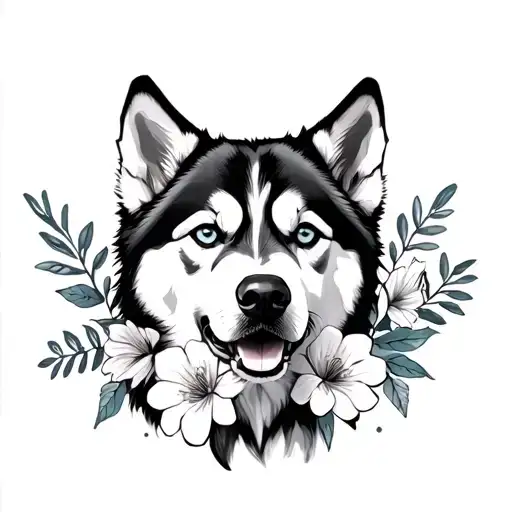 Husky And Flowers