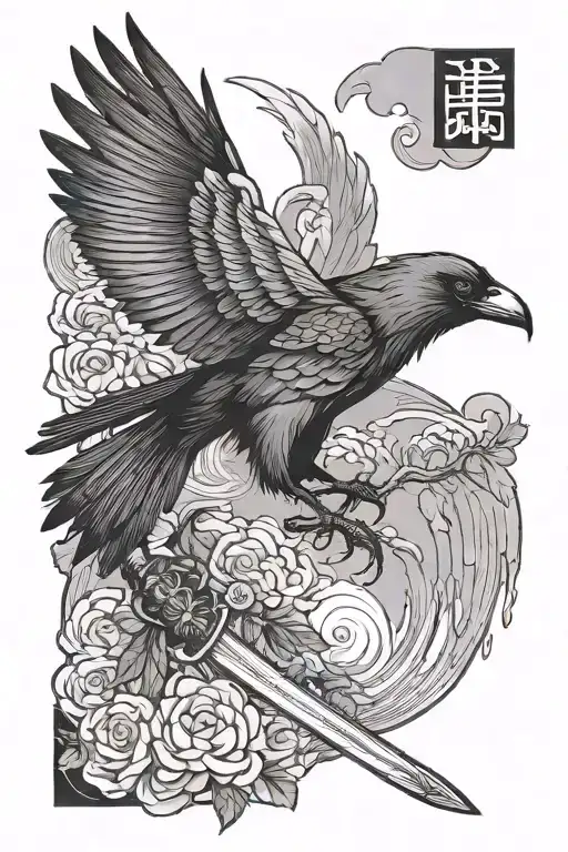 Japanese Crow Flying With A Sword