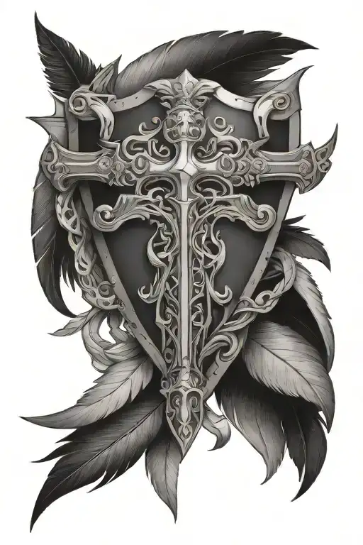 Belt Cross Intertwined Sword Emerging Shield Adorned Feathers