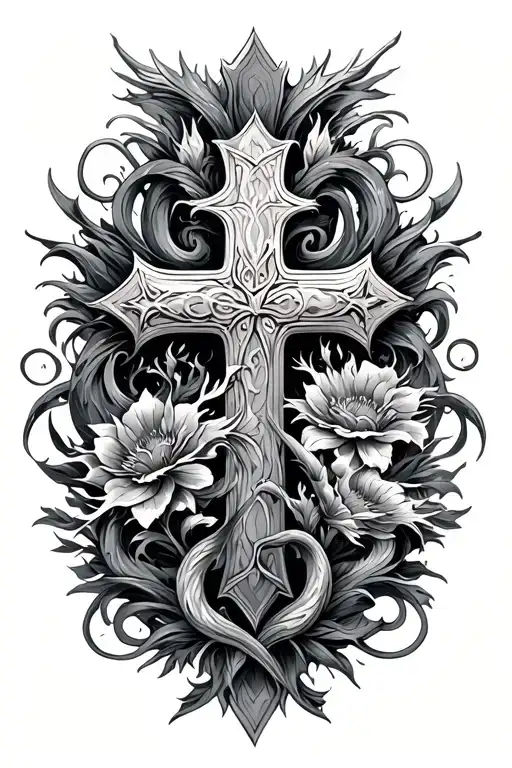 Floral Cross With Tiny Dragons Wavy