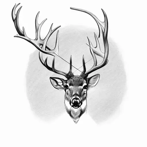 Hunter Drawing A Bow Aiming At A Deer With Large Antlers