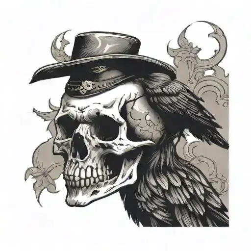 Raven Sitting On A Skull With A Cowboy Hat On The Skull