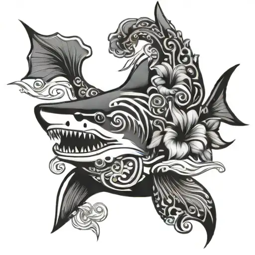 Tribal Shark With Hibiscus Flower