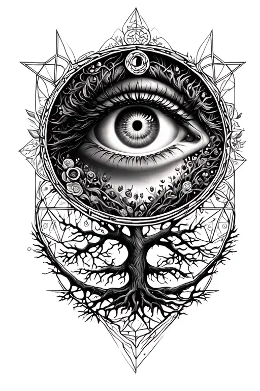 All Seeing Eye With An Woman Ancestor Underneath With The Tree Of Life And Sacred Geometry Around