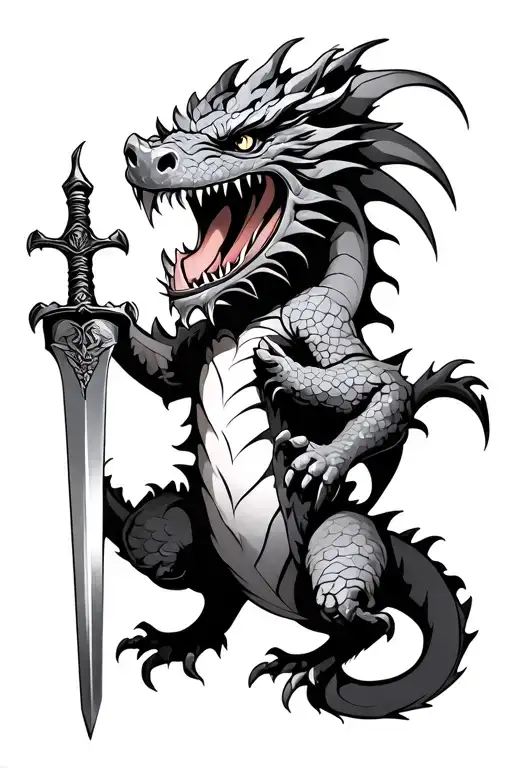 Roaring Dragon Holding A Sword