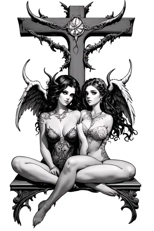 Pin Up Stile Demon Girl And Angel Girl Sitting On Either Side Of A Cross