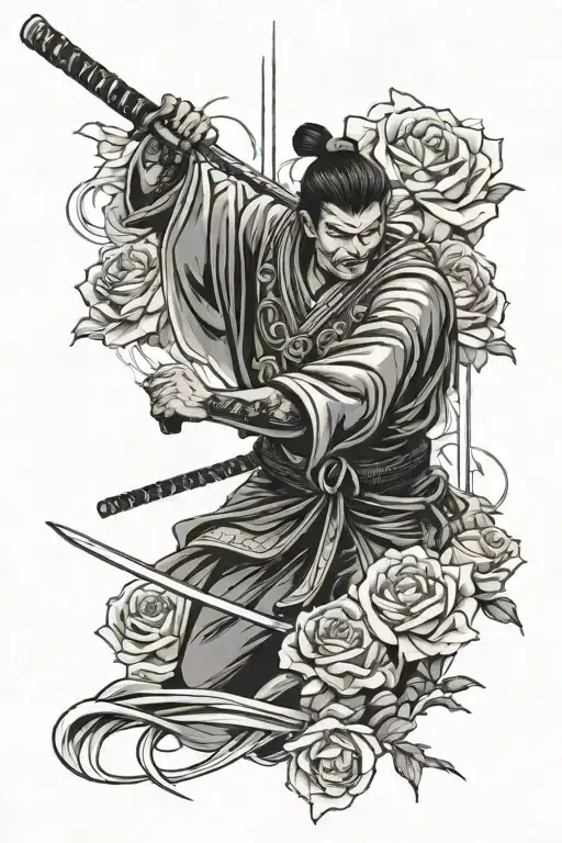 Samurai With A Sword And Roses Surronding Him