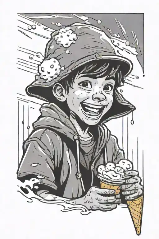 Cartoon Boy Backwards Hat Eating Ice Cream In The Rain Smiling