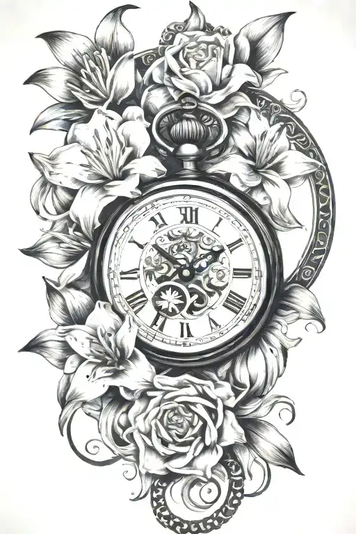 Pocket Watch Surrounded By Lillys Blossoming In Beautiful