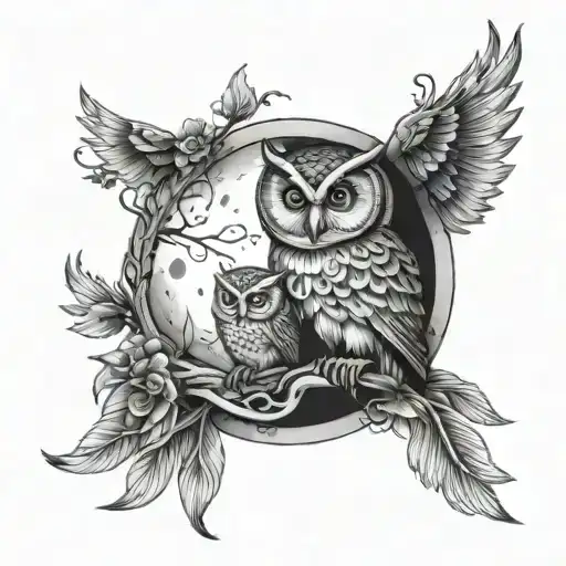 Cresant Moon With A Big And Little Owl Sitting On The Inside Of The Cresant Moon