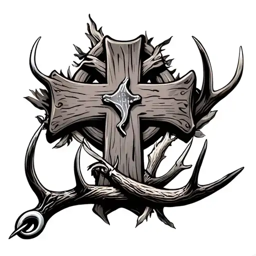Old Rugged Cross With Antler And Fishing Hook Intertwined