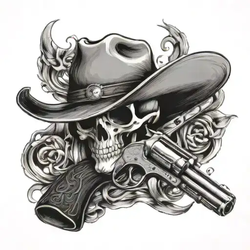 Skull With A Cowboy Hat On And A Revolver Next To It
