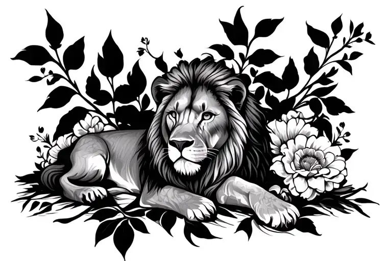 Lion Forward Facing Laying On A Bed Of Flowers And Vines