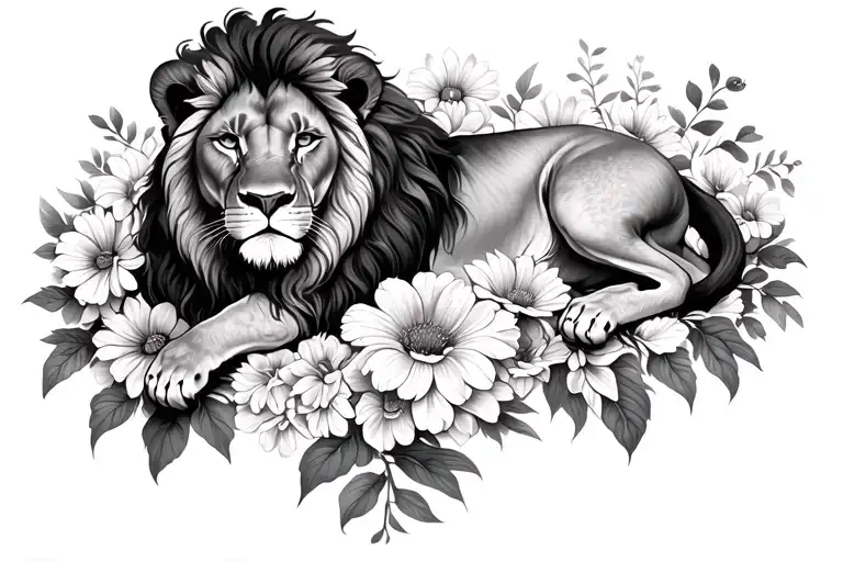 Lion Laying On Bed Of Flowers