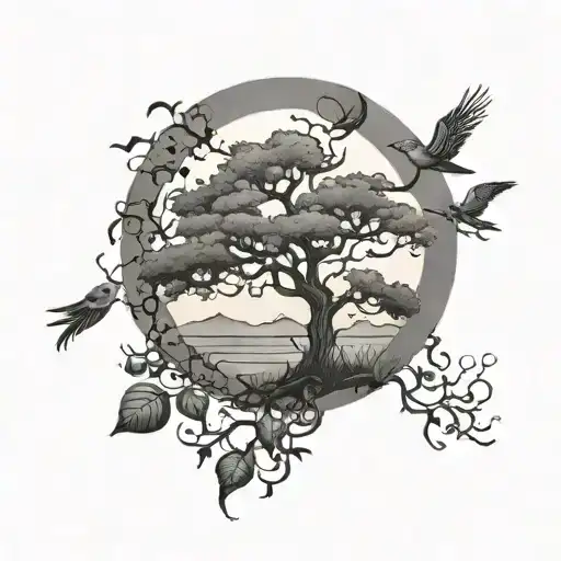 Poison Tree With Birds And Sun Setting