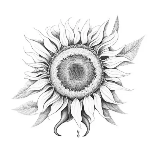 A Realistic Black And Grey Tattoo Of A Sunflower Surrounded By Lush Foliage And Forest Elements
