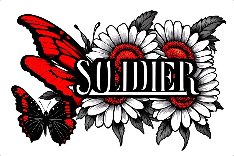 The Word Soldier With A Semi Colon Butterfly And Daisy Flowers And Sweet Pea Flowers All In Red Ink