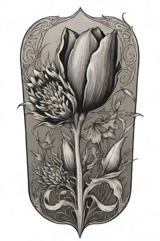 A Tulip Morphing Into A Thistle With A Female Figure In The Background