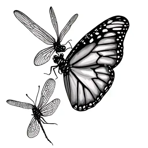Monarch Butterfly And Dragonfly Circling Each Other