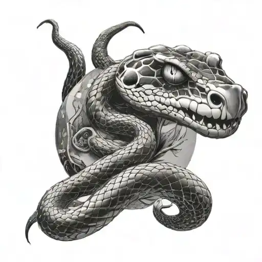 A Detailed Snake Wrapped Around A Planet In Black-grey Shading