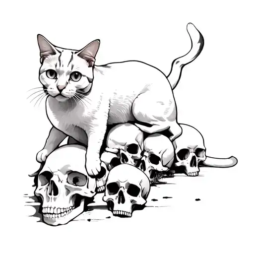 Cat On A Pile Of Human Skulls And A