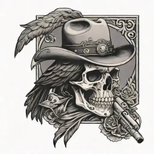Raven Sitting On Top Of A Skull With A Cowboy Hat On The Skull And A Revolver Underneath
