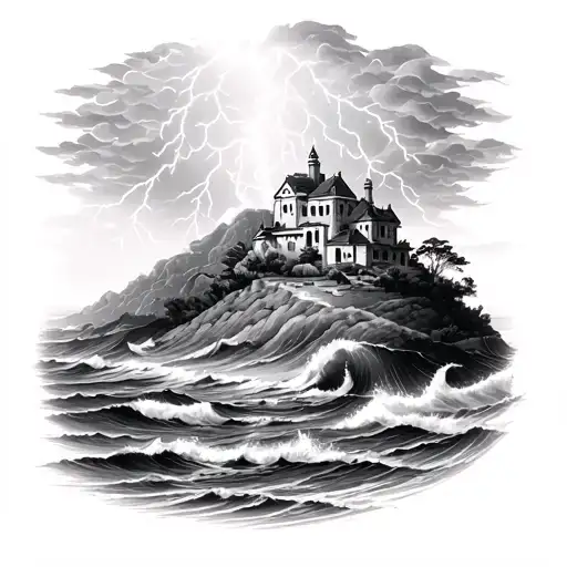 Ocean Storm With Lightning And Spanish Villa On A Hilltop