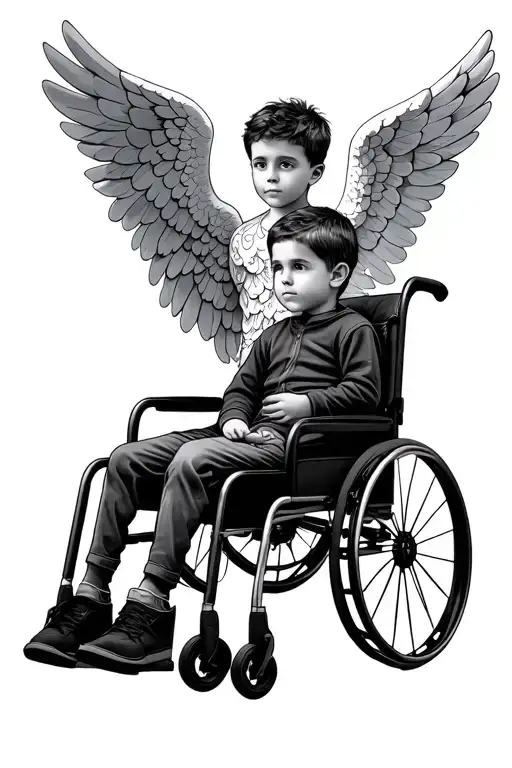 Wheelchair And Boy Sitting Under A Big Guardian Angel