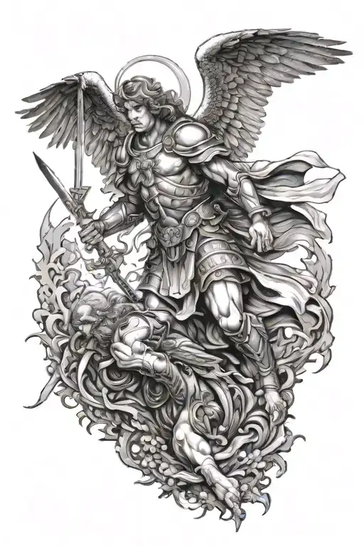 Saint Michael Archangel Having A Fallen Angel Kneeling Before Him In An Apocalyptic Battle Scene
