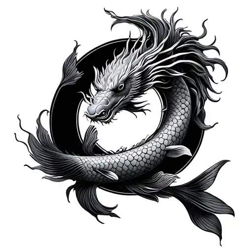 Koi Fish In Circle Around Chinese Dragon Emerging Centrically In Symmetry