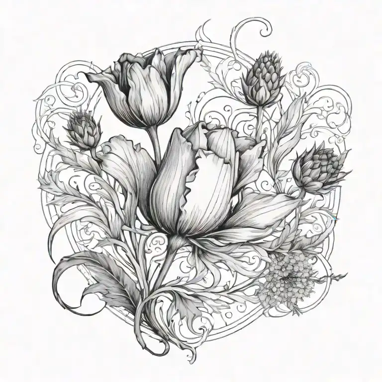 A Tulip Morphing Into A Thistle With A Female Figure In The Background
