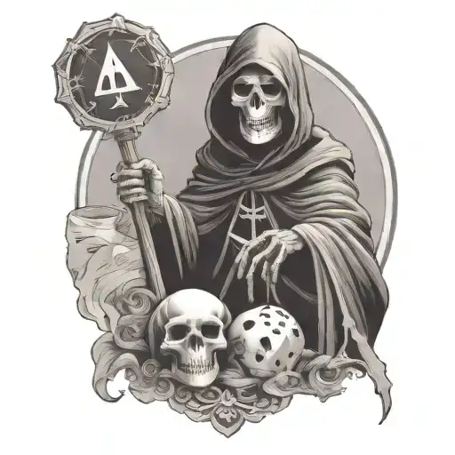 Grim Reaper With Dice And Woman Posing