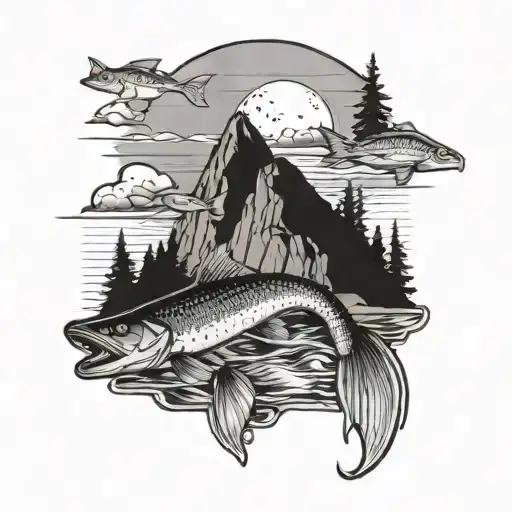 A Black-grey Tattoo Of A Mountain Range With A Walleye Fish Jumping Out Of A Lake At The Base