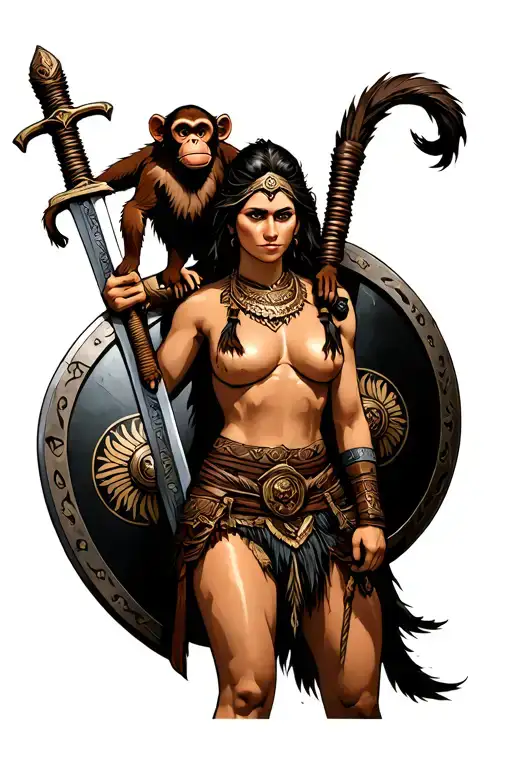 Amazonian Warrior Woman With Brown Monkey On Shoulder Holding With Sword And Shield Jungle