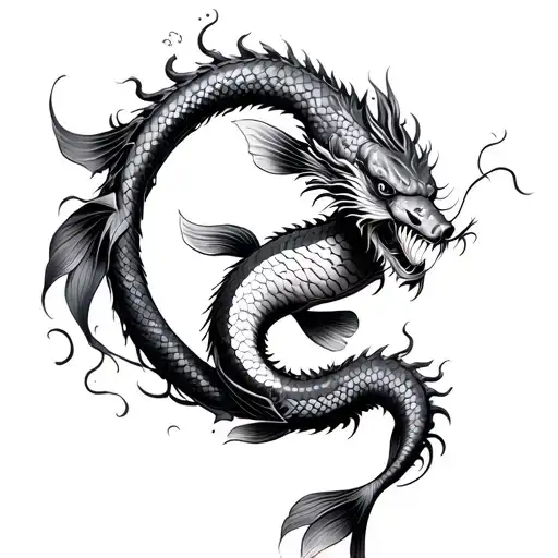 Koi Fish In Circle Around Chinese Dragon Emerging