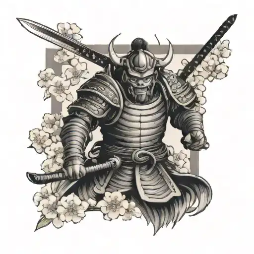 Oni Samurai In Full Armor With Sword Out In A Field Of Cherry Blossoms