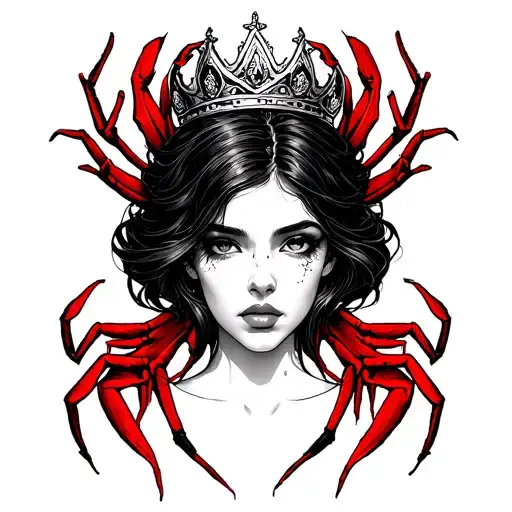 Woman Face With Crown Surrounded By Red Spider Lilly