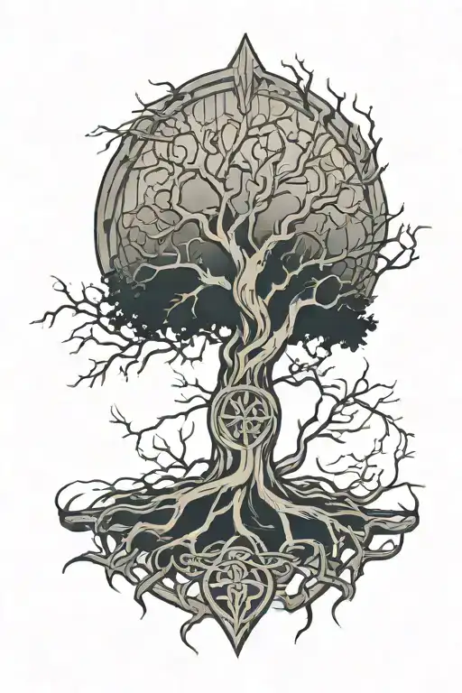 Cracked Wooden Shield With Celtic Tree Of Life Knot And Overgrowth From The Cracks