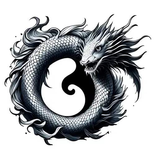 Yin Yang Koi Fish In Circle Around Chinese Dragon