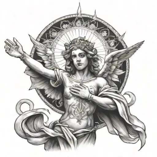 Angel Whith Sun In Back Ground Arms Open While People Look Up And Pray