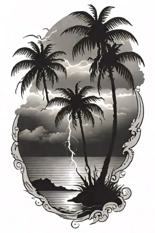 Dark Stormy Beach With Palm Tree And Lightning