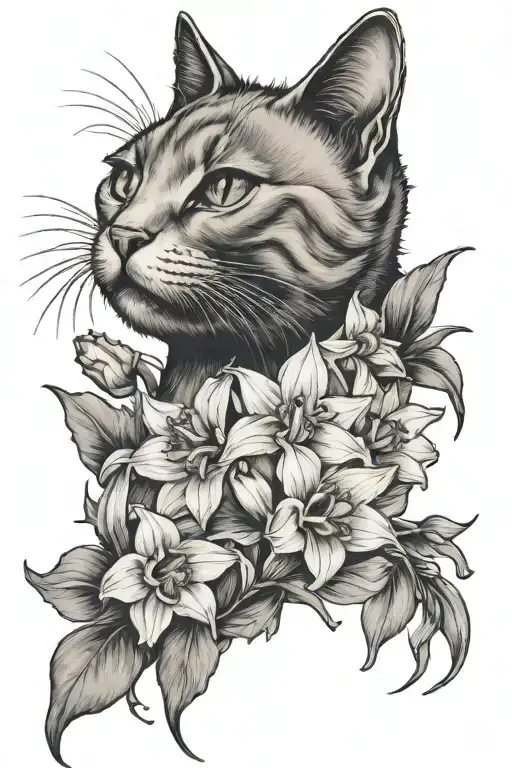 Cat And Daffodil Flowers