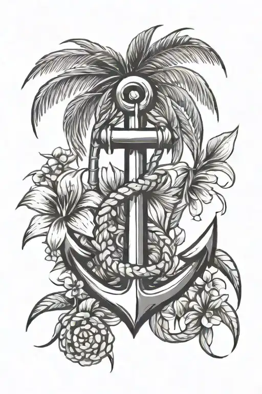 Nautical Anchor Palm Trees Tropical Flowers Intertwined
