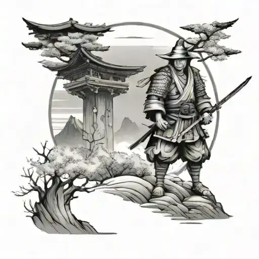 Samurai Standing On Top Of Hill With Japanese Arch