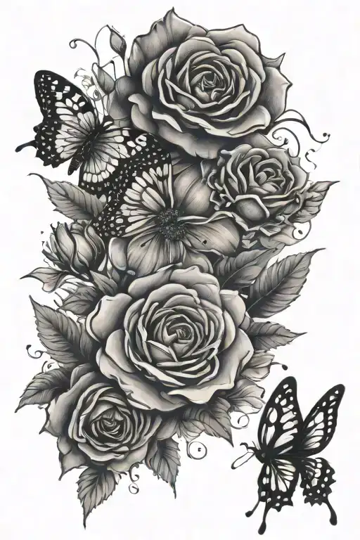 Rose And Cosmos Flowers With Butterfly