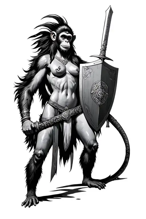 Amazonian Warrior Woman Monkey Holding With Sword And Shield